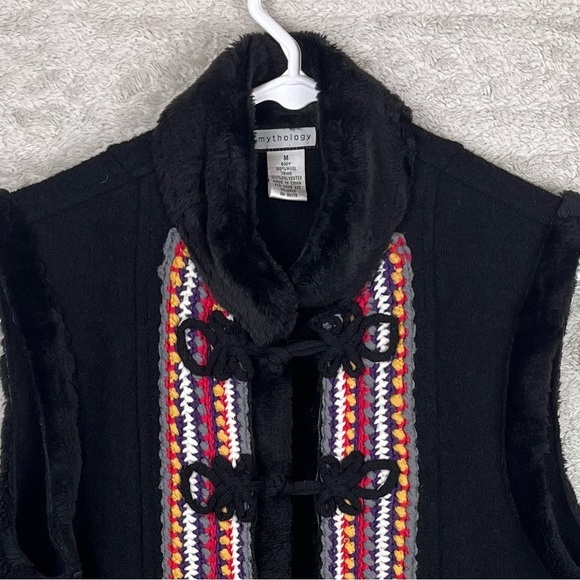 MYTHOLOGY Hippie 100% Wool Faux Fur Trim Vest Boho Hippie Large Scandinavia Knit - Picture 2 of 14